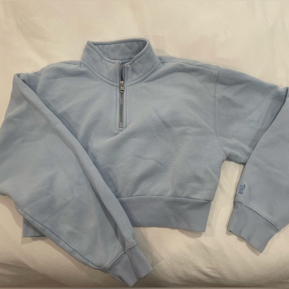 Light Blue Aritzia TNA Cozy Perfect Fleece 1/4 zip, cropped
